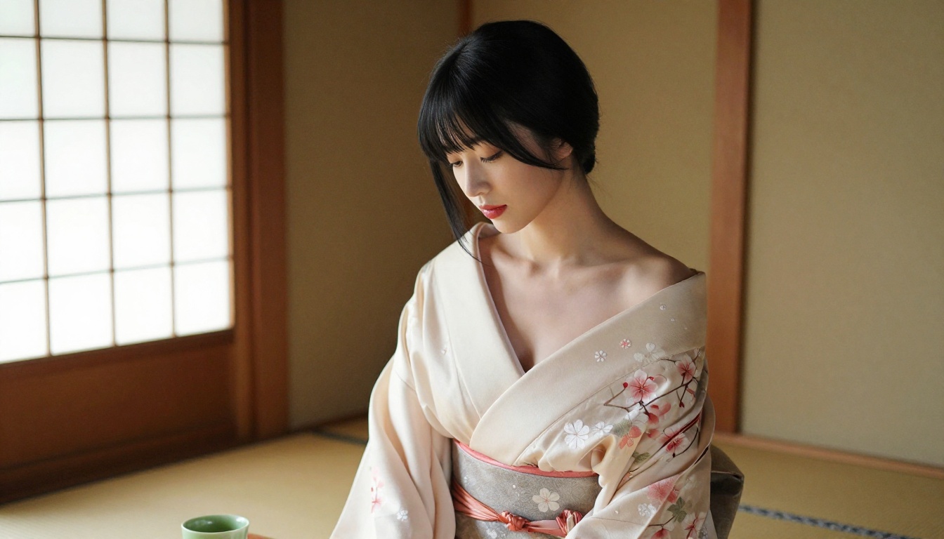 Japanese woman kimono cherry blossom traditional serene portrait