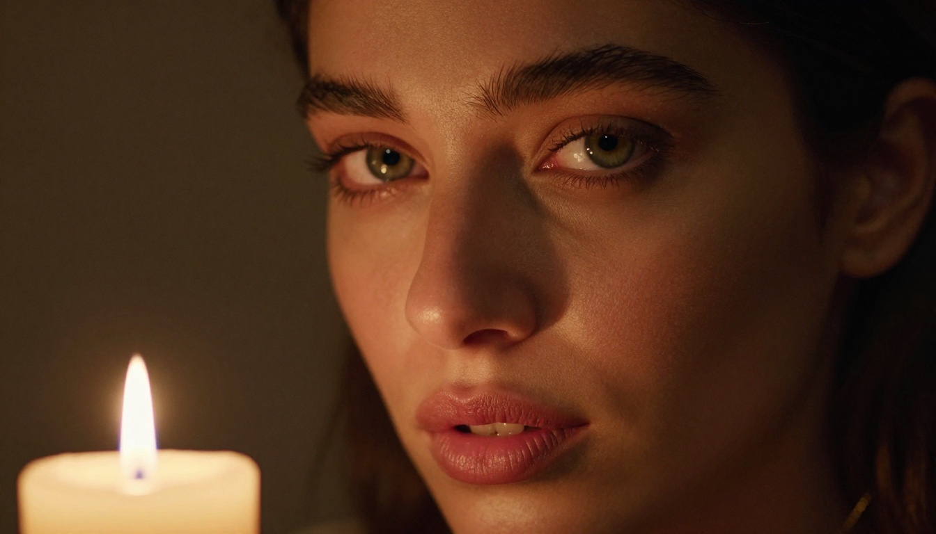 Close-up intimate portrait of Middle Eastern woman with green eyes and candlelight chiaroscuro shadows