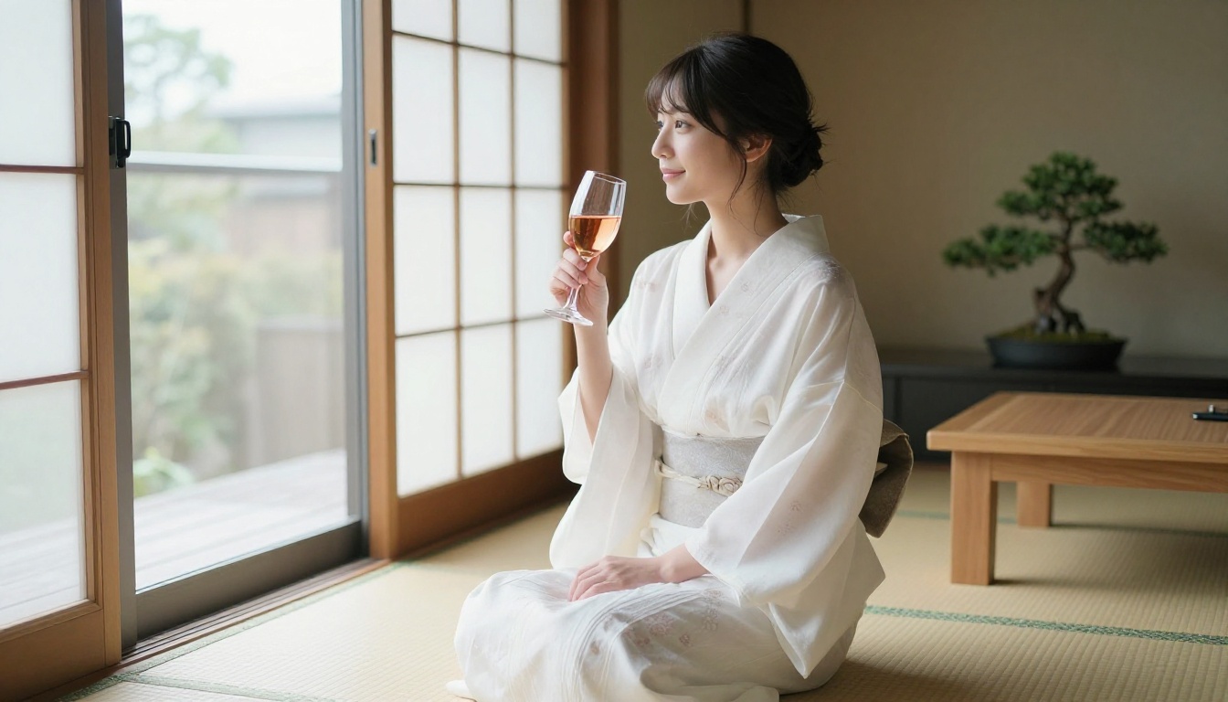 Japanese woman in white kimono-inspired robe by shoji screen window with soft diffused morning light