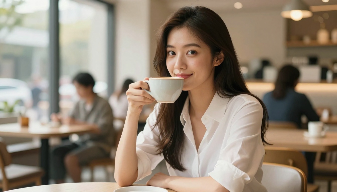 Beautiful Asian woman in a modern cafe with warm morning light