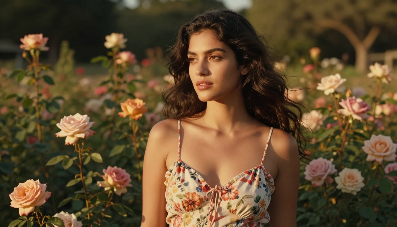Beautiful Latina woman in a sunlit garden at golden hour