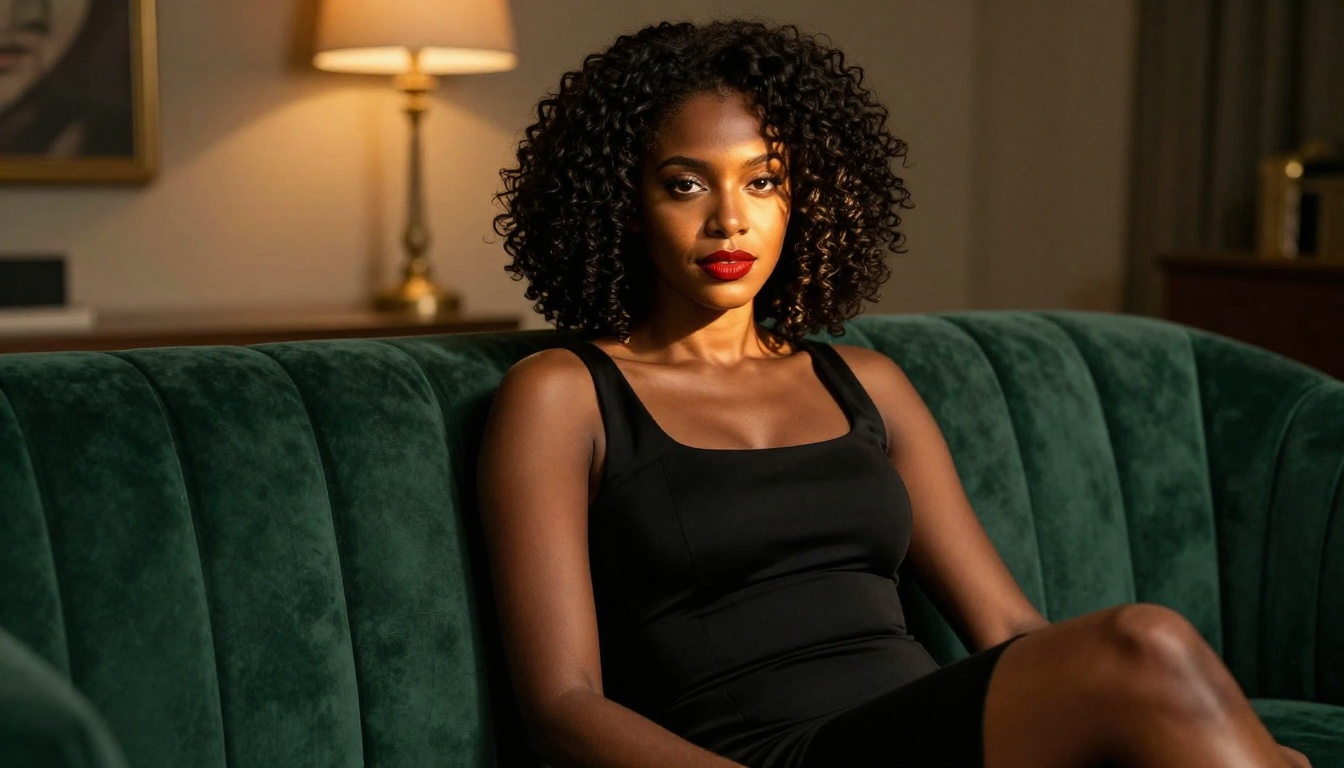 African American woman on velvet couch with moody amber lighting