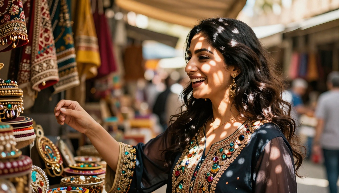 Middle Eastern woman at a colorful outdoor market with warm sunlight