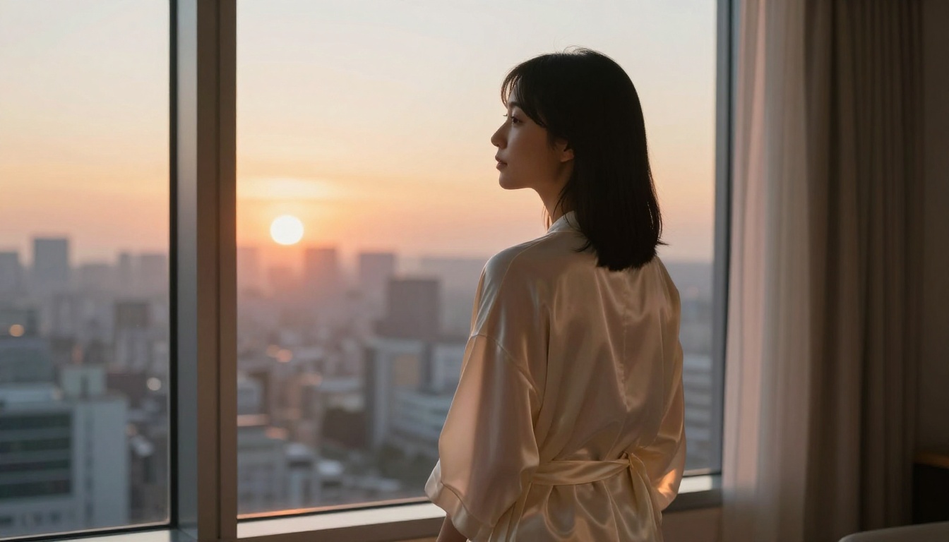 Japanese woman in silk robe at sunrise window with city skyline