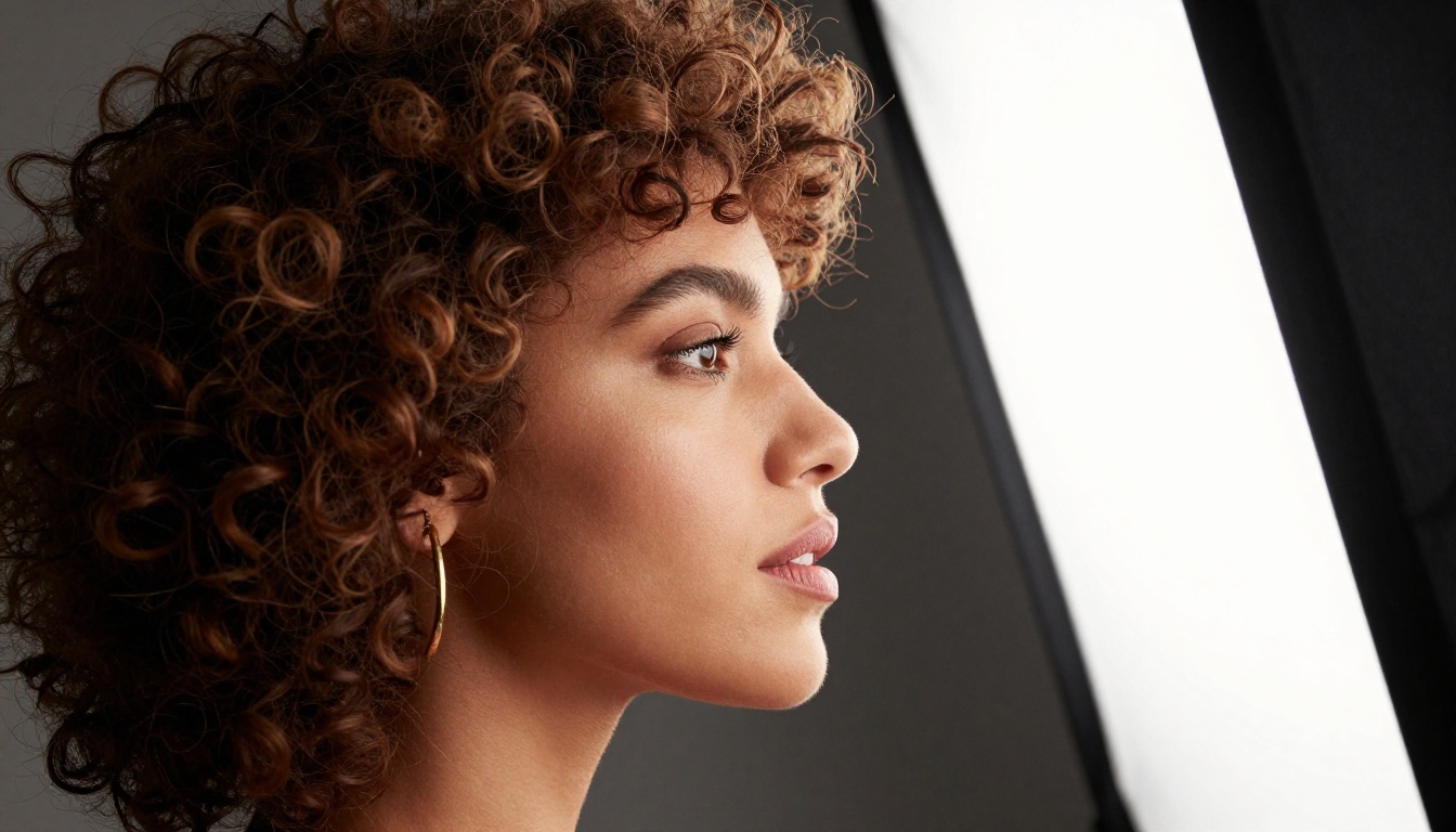 Studio portrait of woman with curly hair and sculpted side lighting