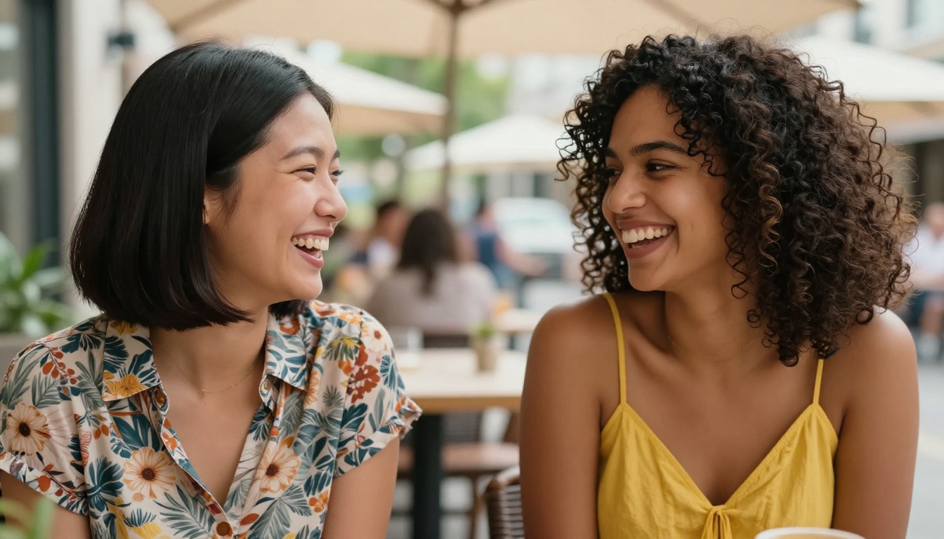 Two women laughing together on a sunny terrace cafe