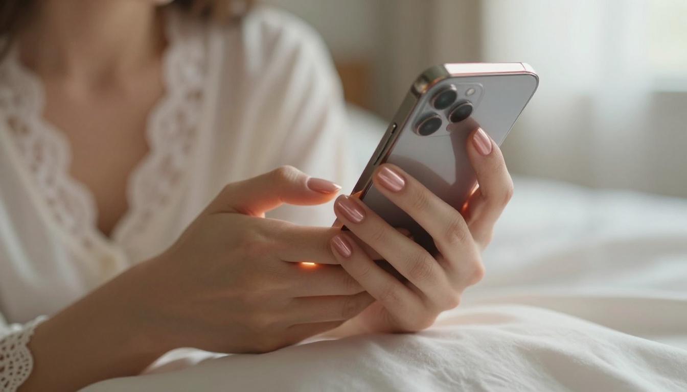 Elegant hands holding a smartphone with soft morning light streaming through sheer curtains