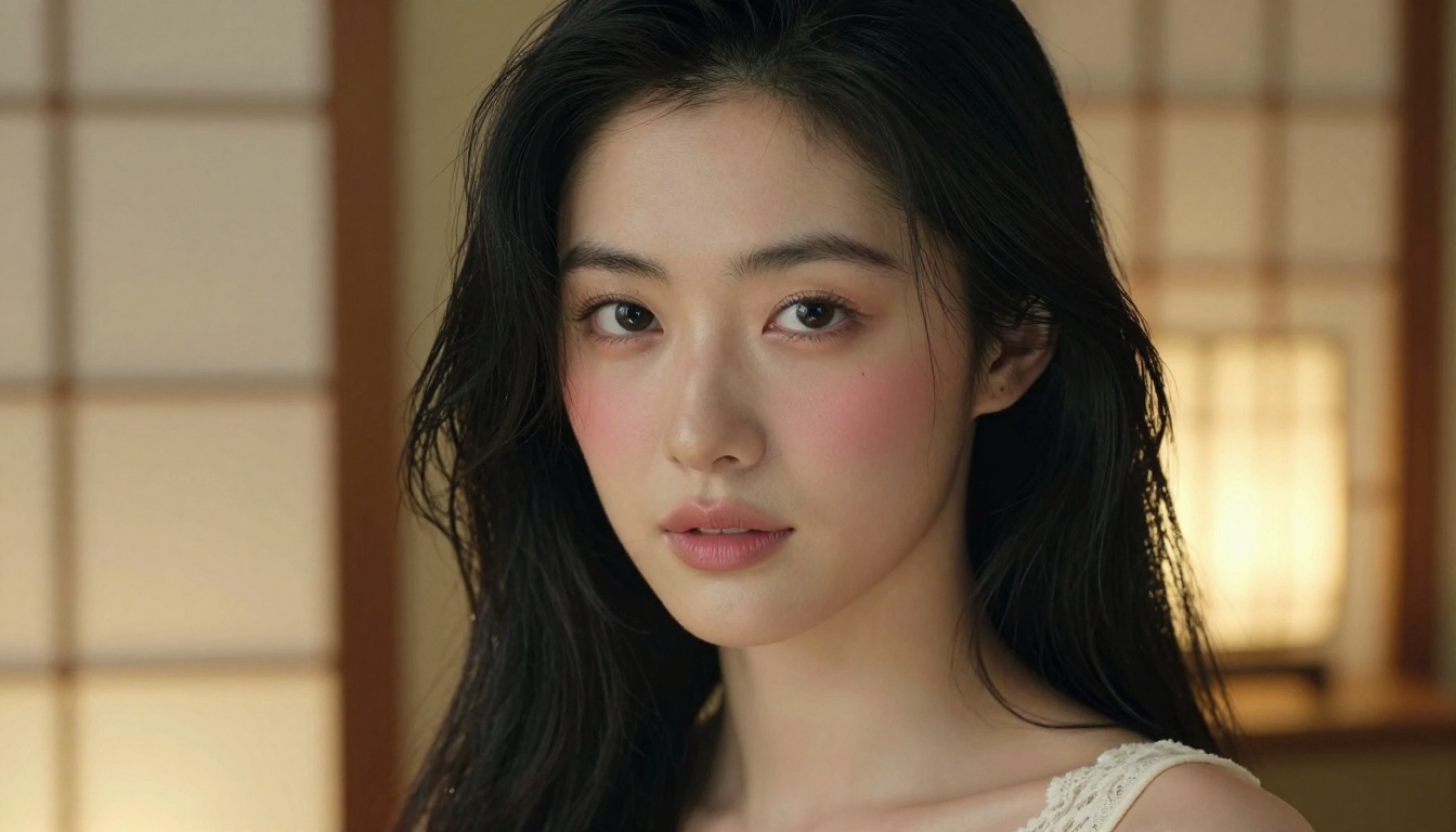 A stunning Asian woman with porcelain skin and smoky eye makeup, ivory lace camisole strap, warm lantern glow rim light, close-up beauty portrait