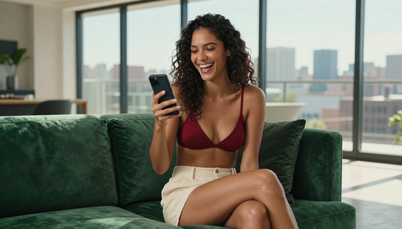 A stunning Latina woman laughing on a modern emerald velvet sofa, photorealistic RAW 8K