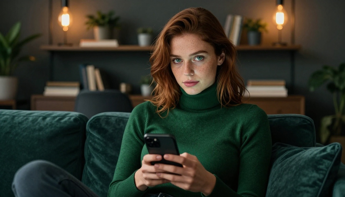 A beautiful European woman with auburn hair and freckled skin relaxing on a velvet sofa, moody editorial photography