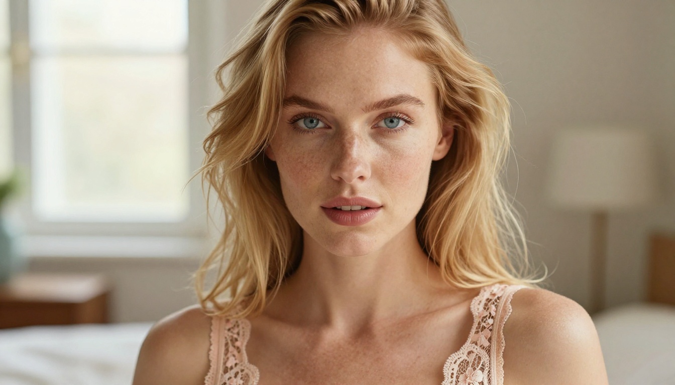 Beautiful European woman with strawberry blonde hair and blue eyes, close-up portrait, photorealistic