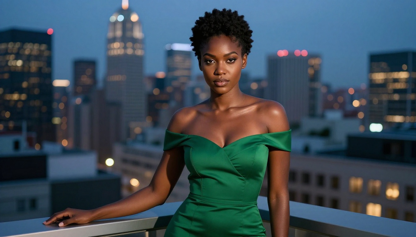 African woman in emerald dress on rooftop terrace at twilight, city skyline, glamour photography