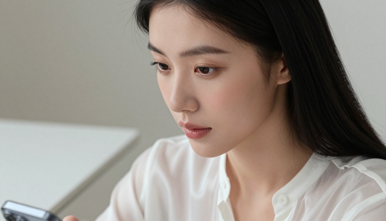 East Asian woman at minimalist white desk holding phone with clean diffused studio lighting East Asian woman at minimalist white desk holding phone with clean diffused studio lighting