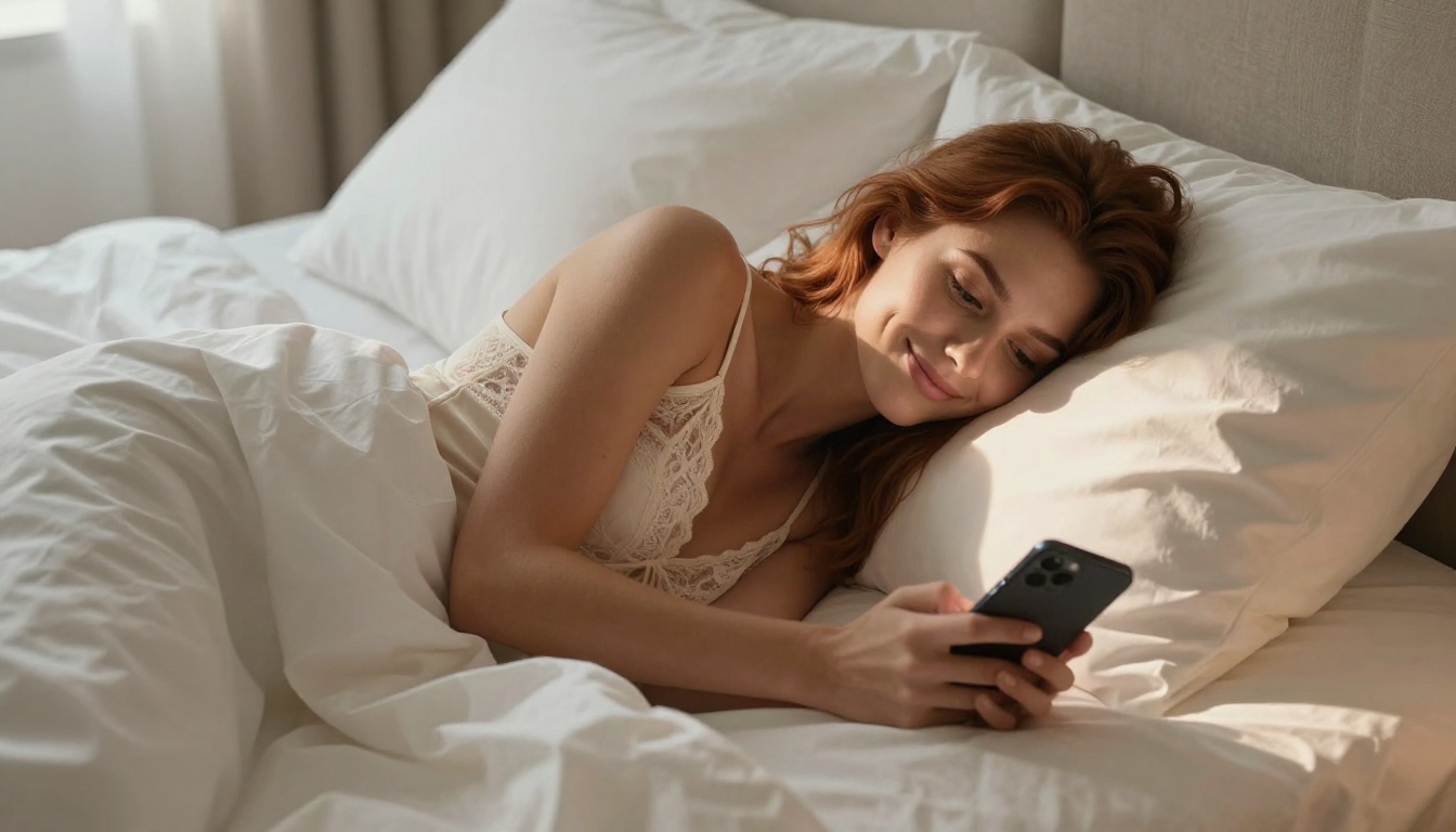Young woman with auburn hair scrolling smartphone in luxurious bed, ivory silk sheets, morning light, intimate