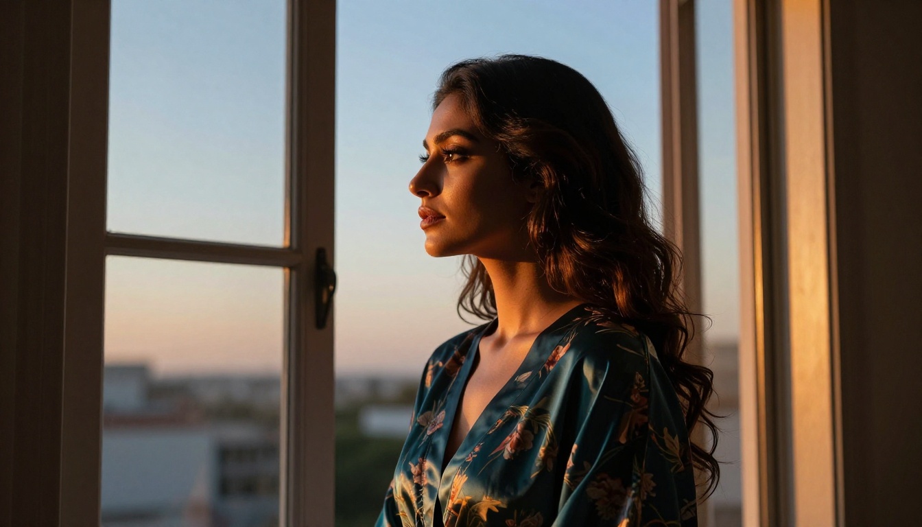 A stunning Middle Eastern woman in side profile near an open window at sunset, silk kimono robe, dramatic warm rim lighting