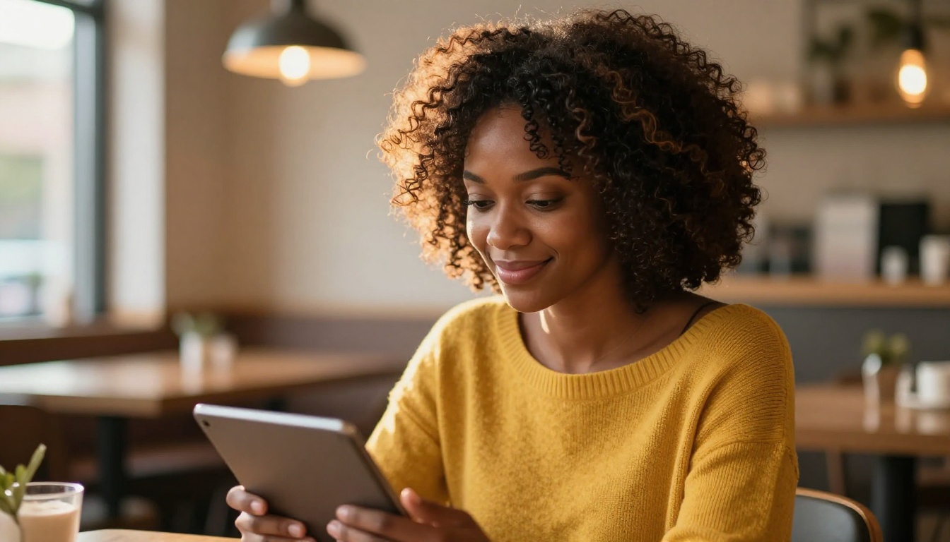 African American woman with natural curly hair smiling at tablet in warm cozy café setting African American woman with natural curly hair smiling at tablet in warm cozy café setting