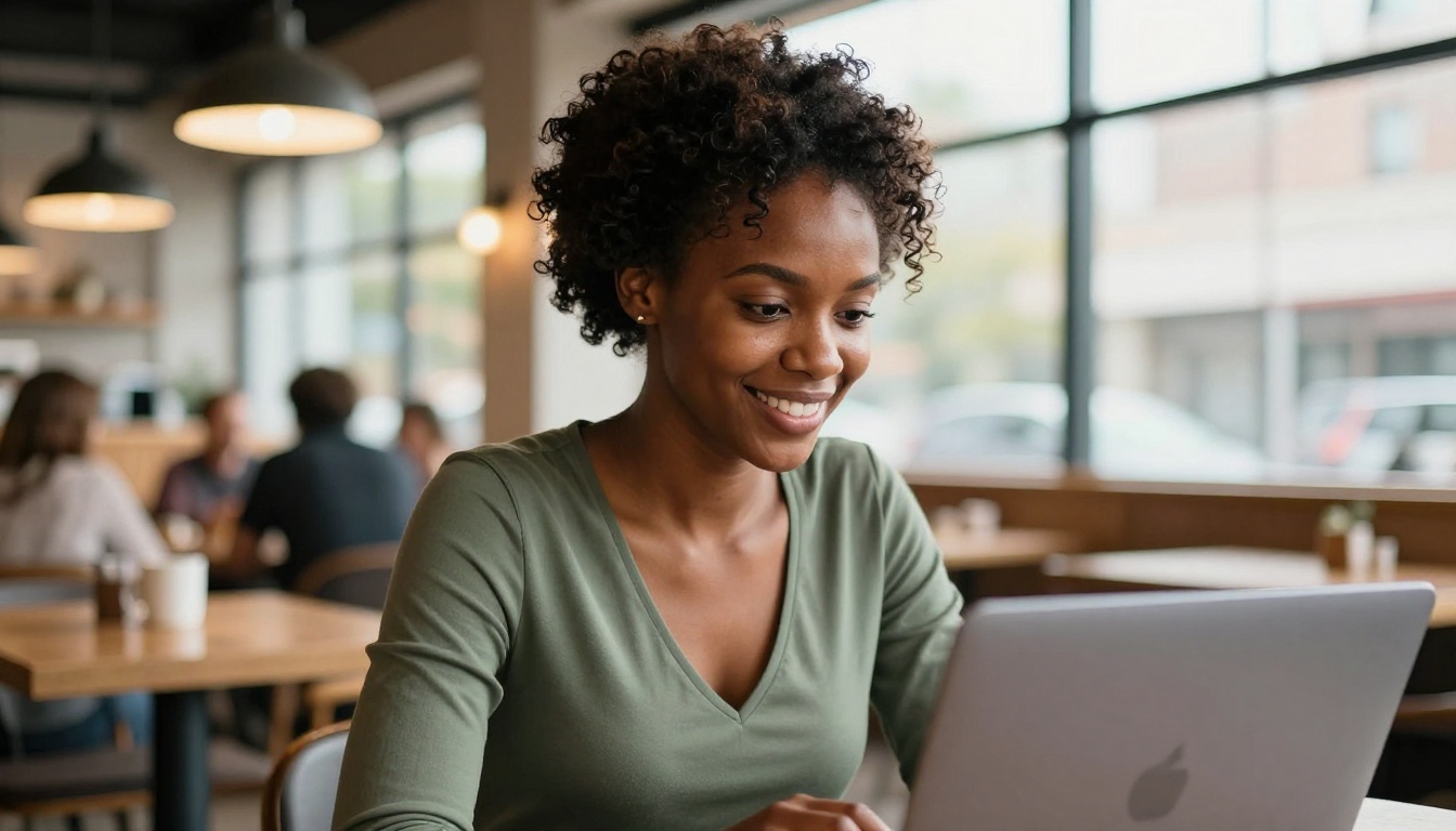 Beautiful woman smiling at laptop in modern coffee shop setting