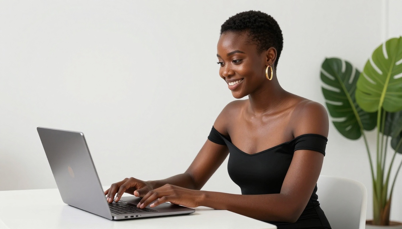 A beautiful Black woman confidently working at a sleek desk with a glowing laptop, photorealistic editorial photography