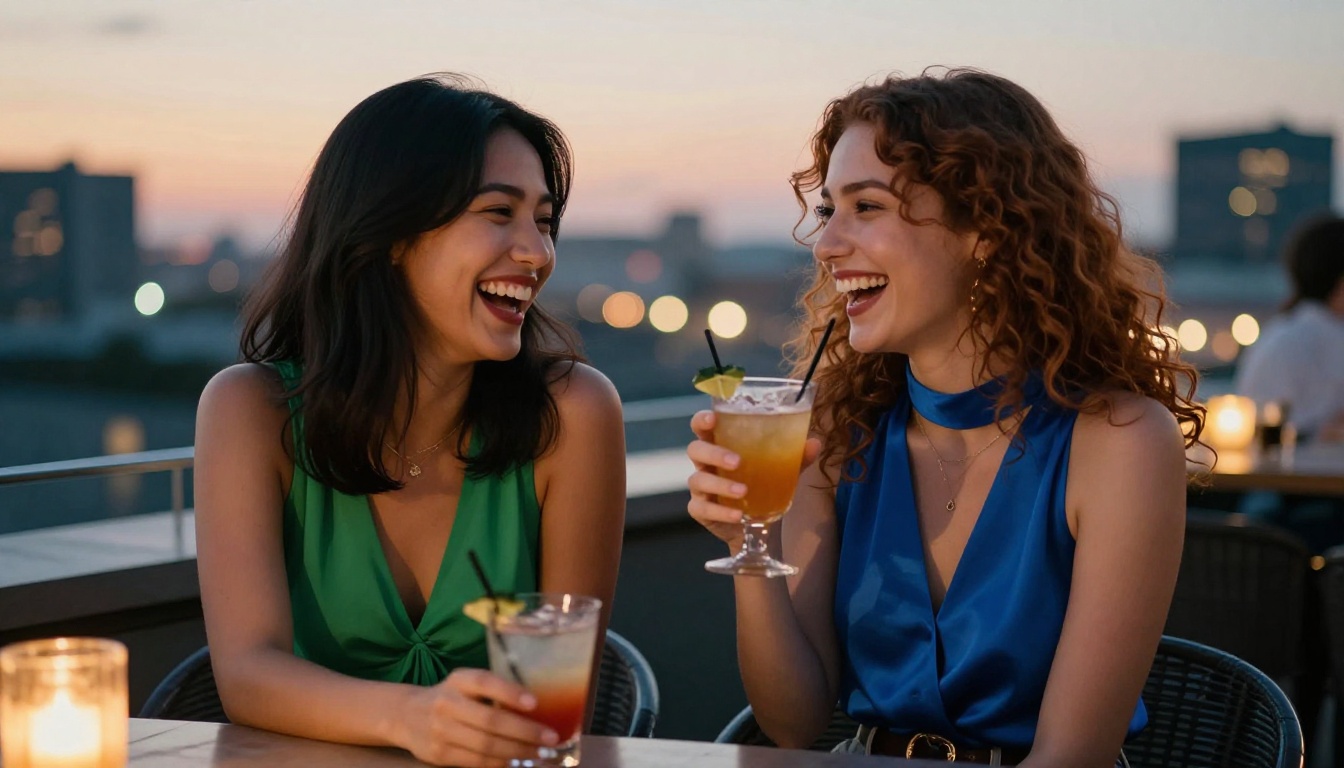 Women friends at rooftop bar laughing