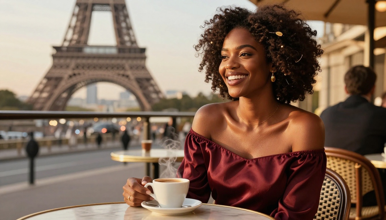 African woman laughing at Paris café