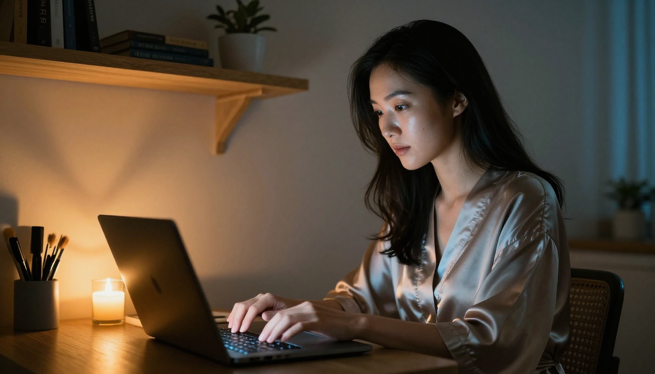 Beautiful woman typing on a glowing laptop in a cozy apartment at night