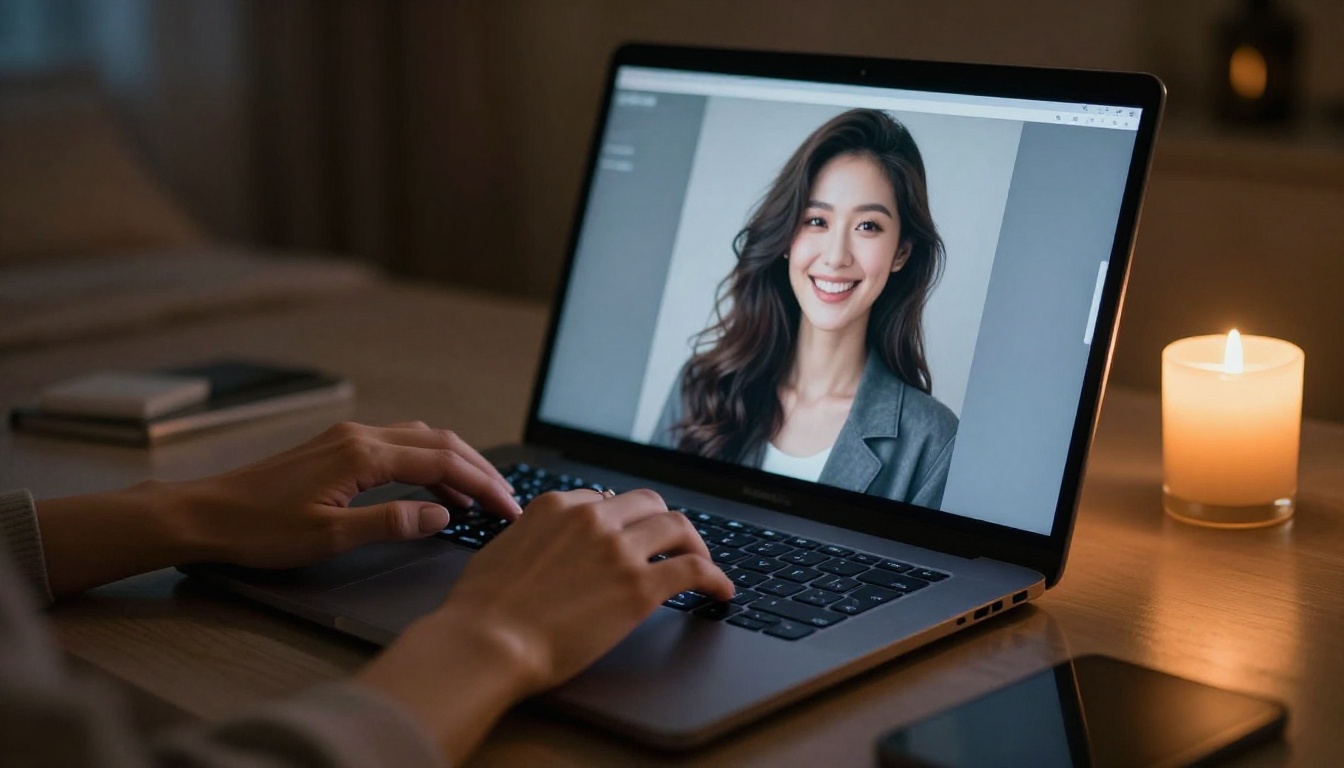 Elegant hands typing on a laptop with an AI companion on screen, dual candlelight and screen glow, photorealistic