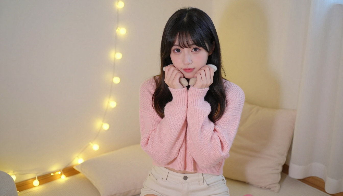 A beautiful Japanese-Korean woman in a cozy Tokyo-style apartment with fairy lights, pastel pink knit sweater, sweet playful expression