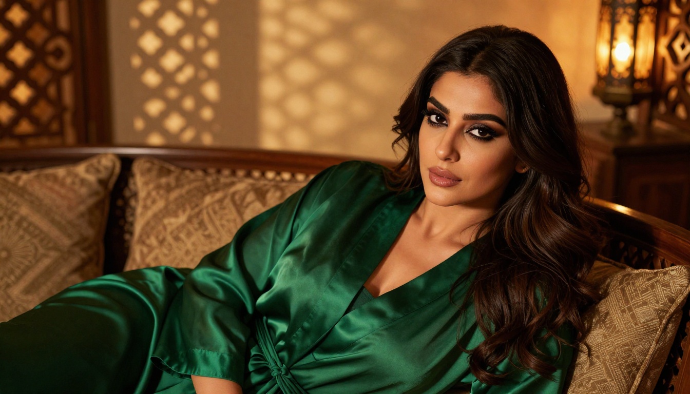 Stunning Middle Eastern woman in emerald silk robe on daybed with warm amber lantern lighting Stunning Middle Eastern woman in emerald silk robe on daybed with warm amber lantern lighting