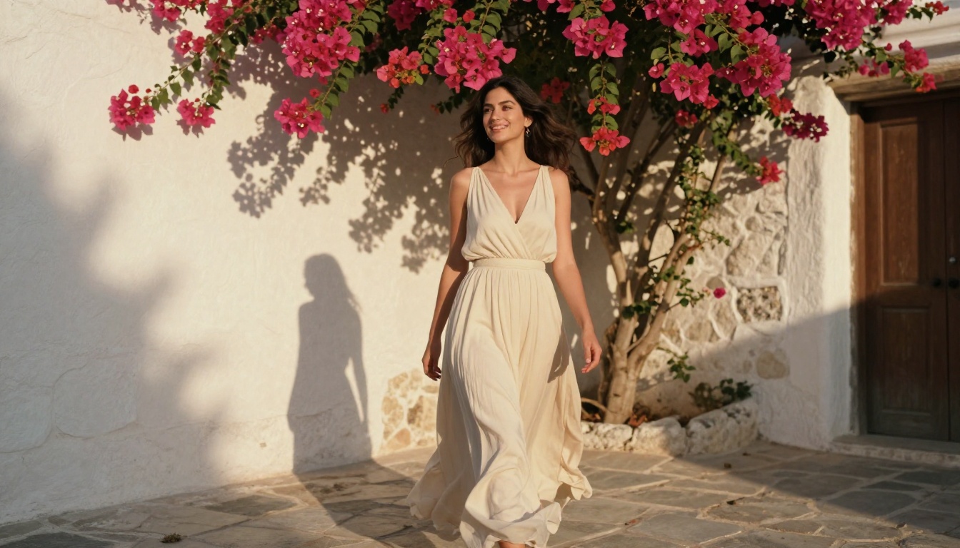 Middle Eastern woman in Mediterranean courtyard
