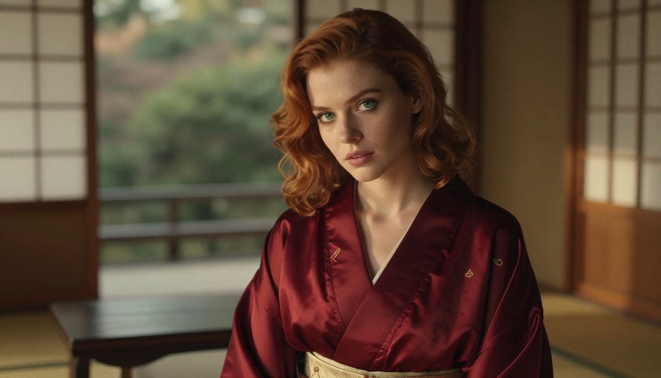 European companion in kimono-inspired setting