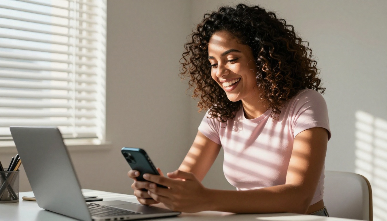 Latina woman laughing naturally at her phone in warm afternoon light at home