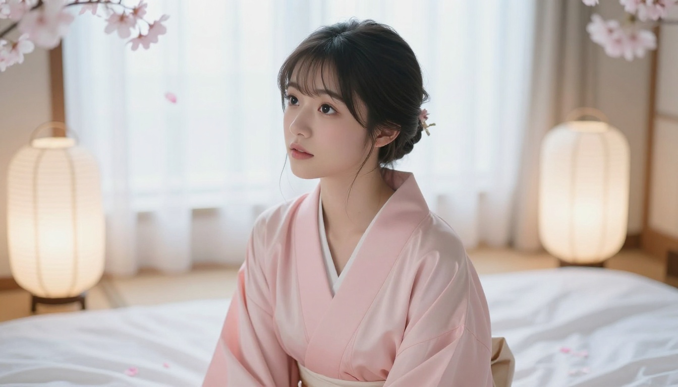 Beautiful Japanese woman in a zen-style bedroom with cherry blossom petals, photorealistic