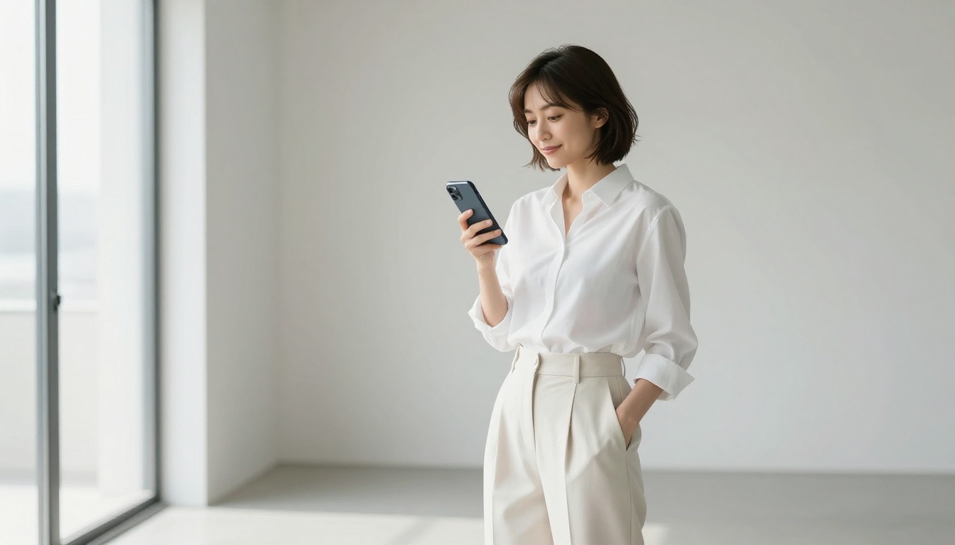Japanese woman with elegant bob holding smartphone in minimalist modern interior with clean morning light Japanese woman with elegant bob holding smartphone in minimalist modern interior with clean morning light