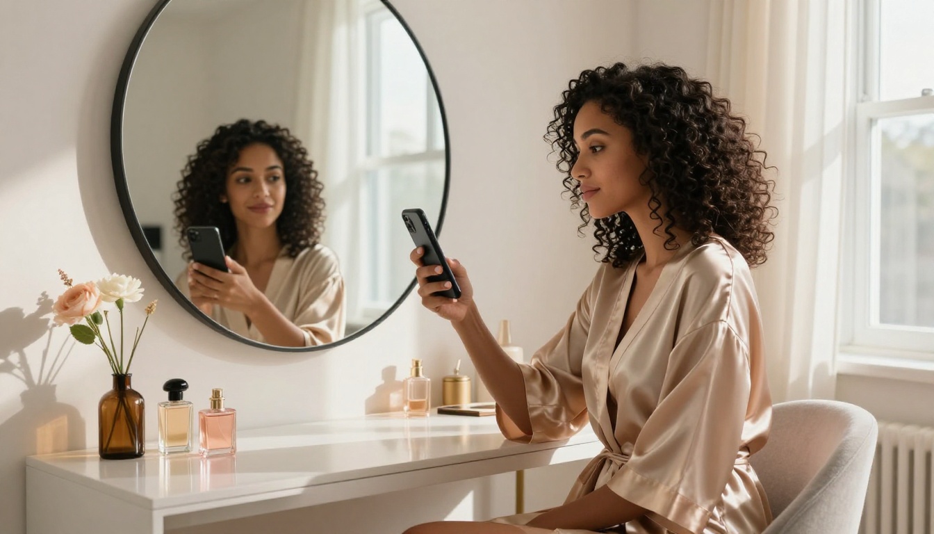 Woman in champagne silk robe at vanity mirror, natural curly hair, smartphone reflection, morning light
