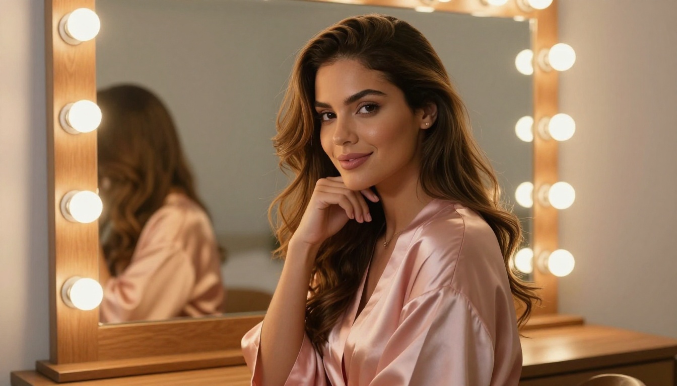 Beautiful Brazilian woman in blush satin robe seated at vanity table with warm round bulb lighting Beautiful Brazilian woman in blush satin robe seated at vanity table with warm round bulb lighting