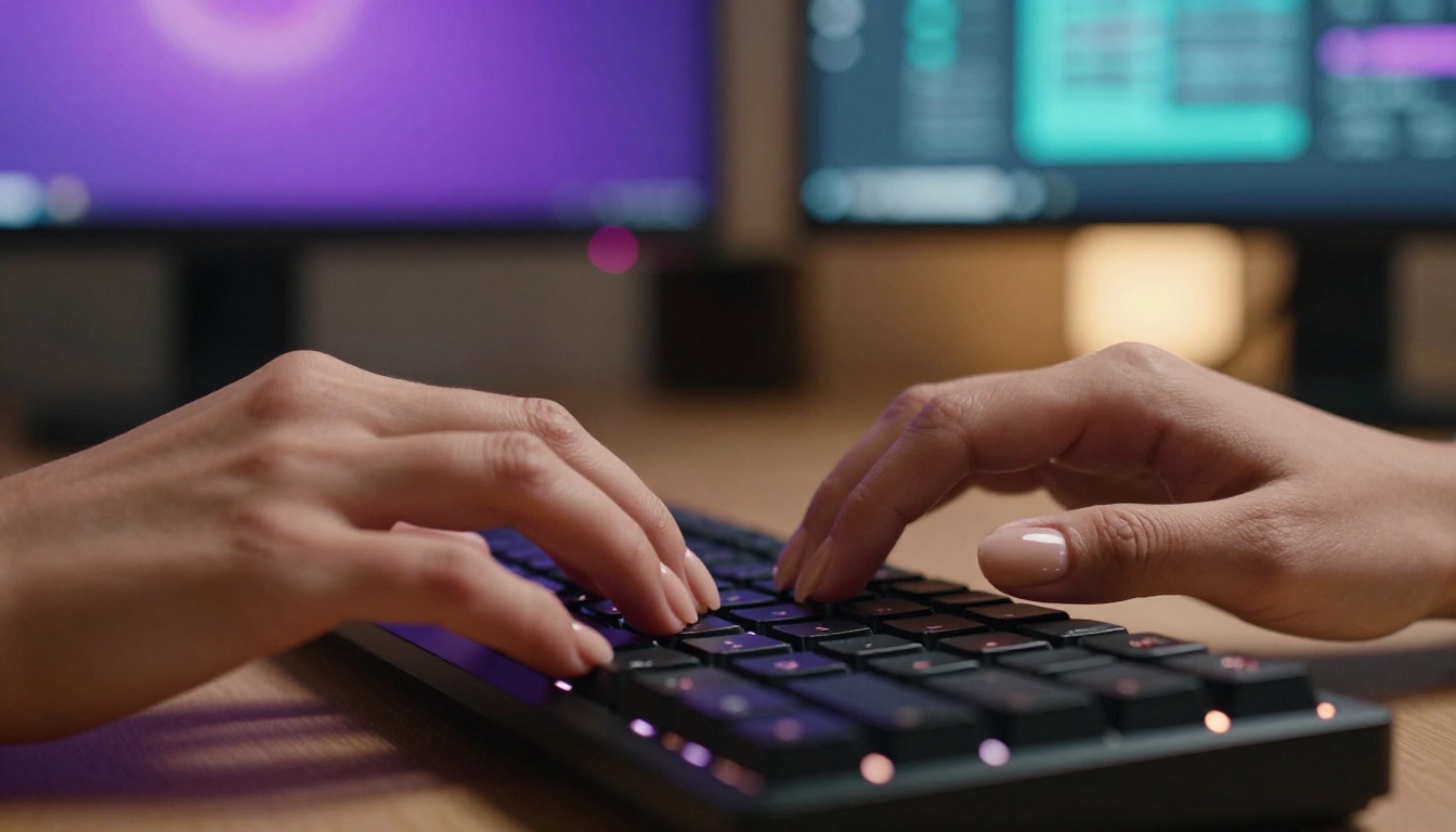 Elegant hands with manicured nails typing on a keyboard with colorful AI interface glowing in the background