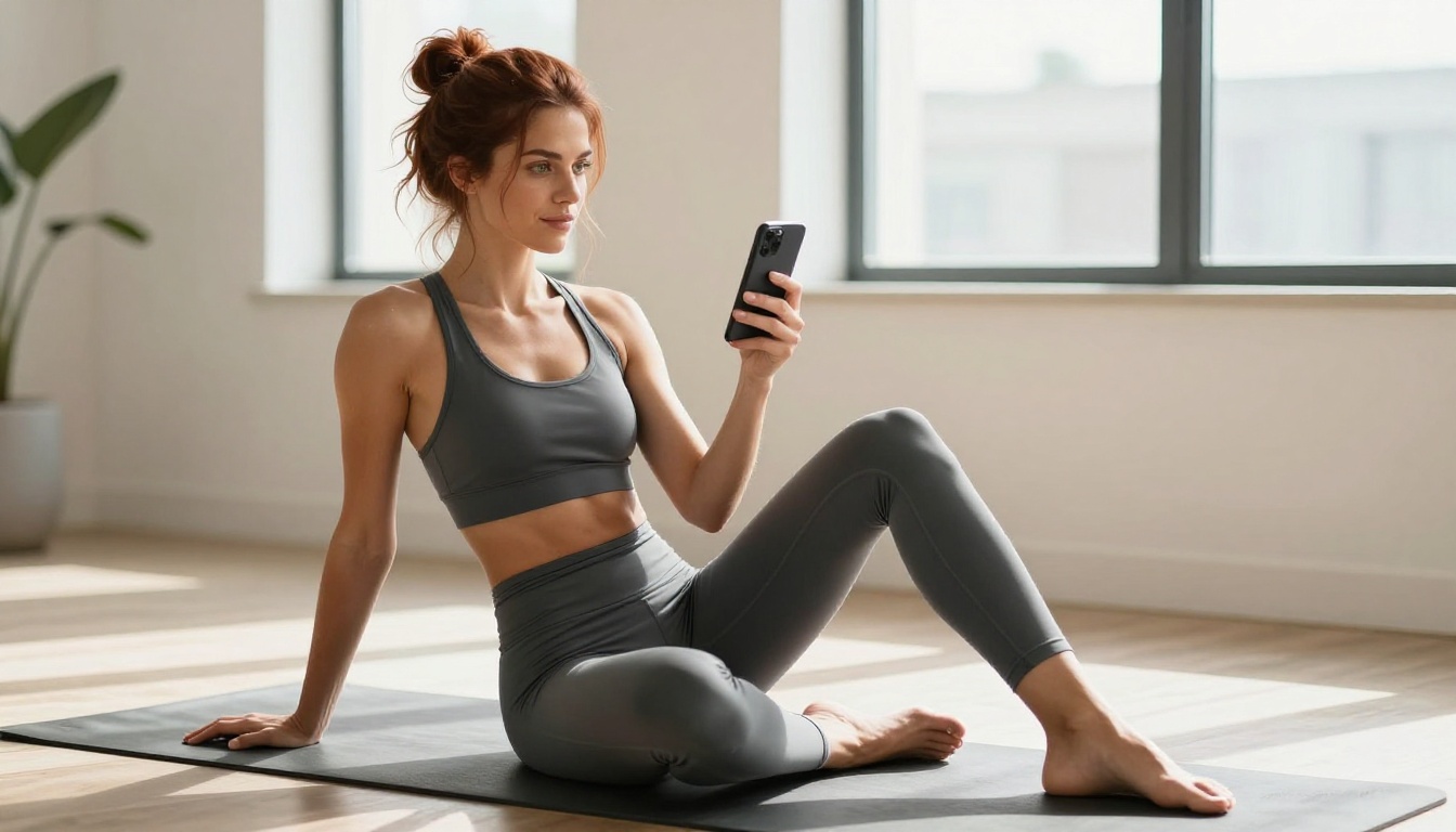 Athletic European woman with auburn hair on a yoga mat holding a phone, natural window light, photorealistic