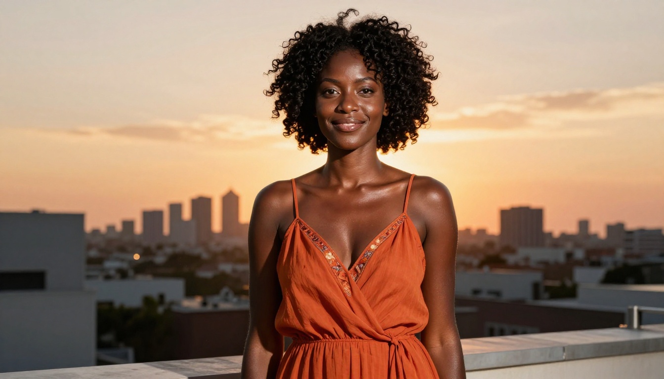 African companion, golden hour rooftop portrait