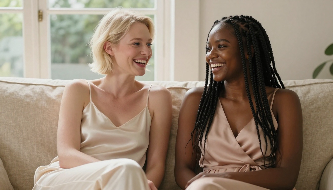 Two beautiful women of different ethnicities laughing together on a beige linen sofa, natural afternoon light, genuine candid moment