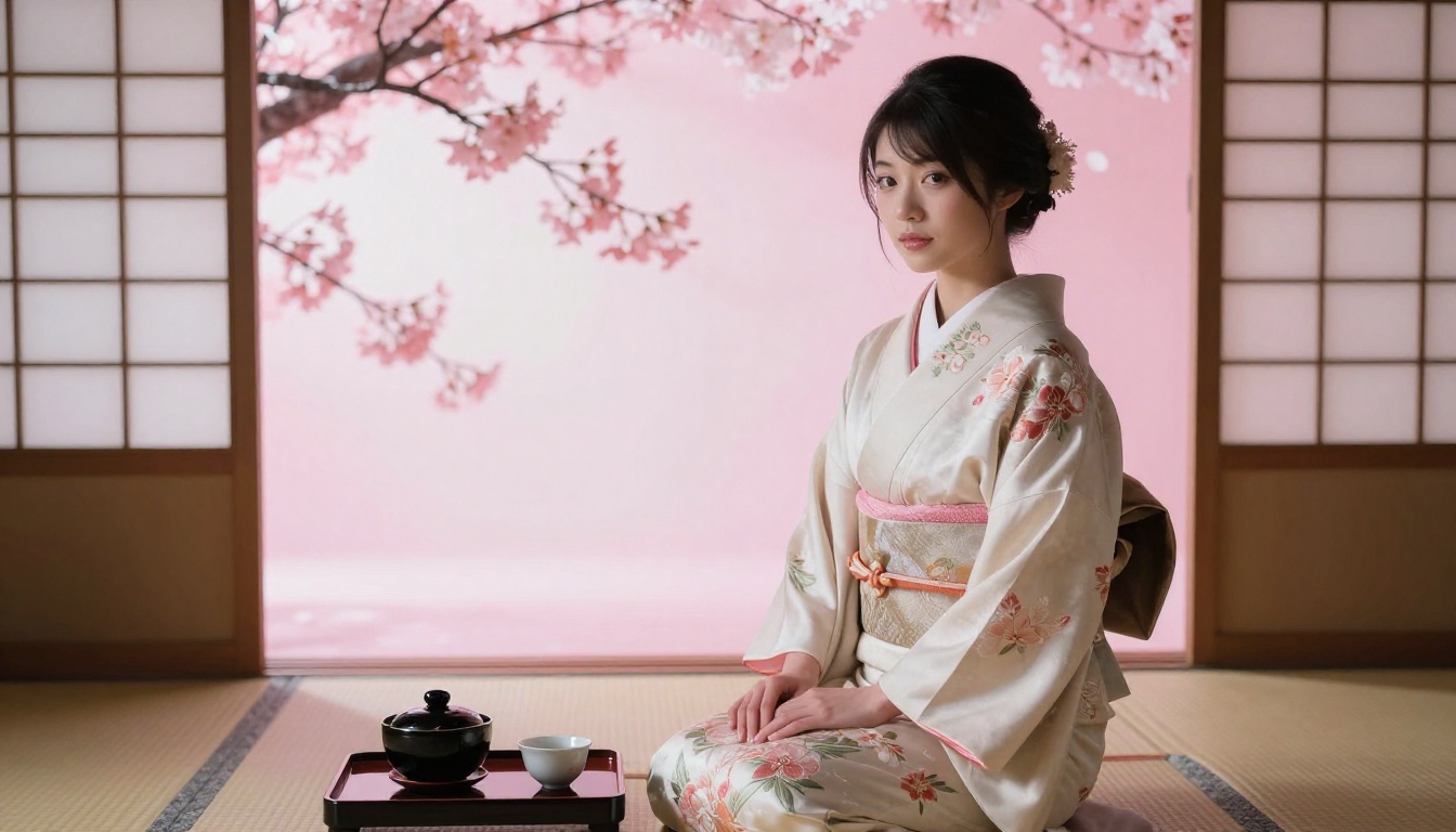 Japanese woman in kimono-inspired fashion
