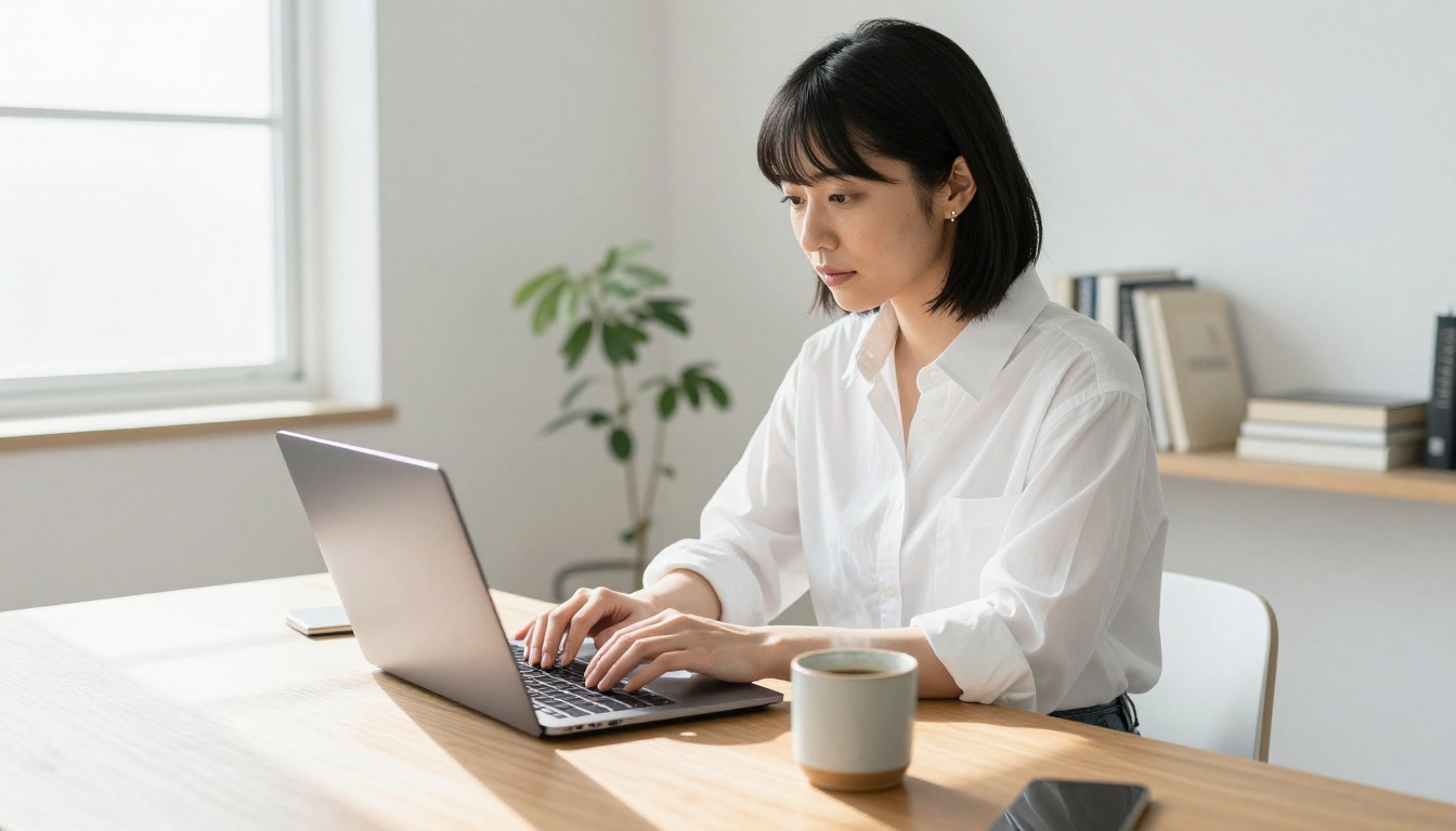 Japanese woman typing at minimal desk in clean home office with afternoon light