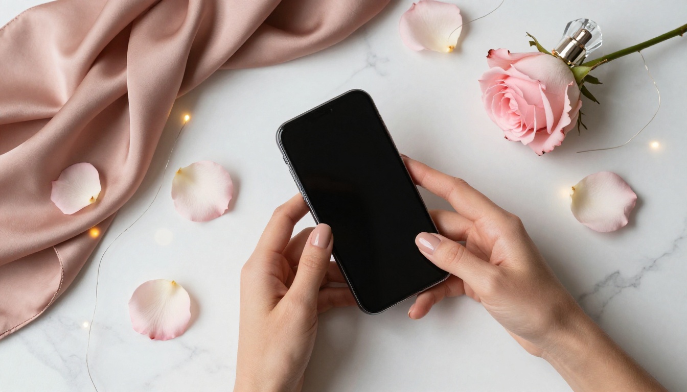 Overhead flat-lay of woman's hands holding smartphone surrounded by rose petals and fairy lights on white marble Overhead flat-lay of woman's hands holding smartphone surrounded by rose petals and fairy lights on white marble