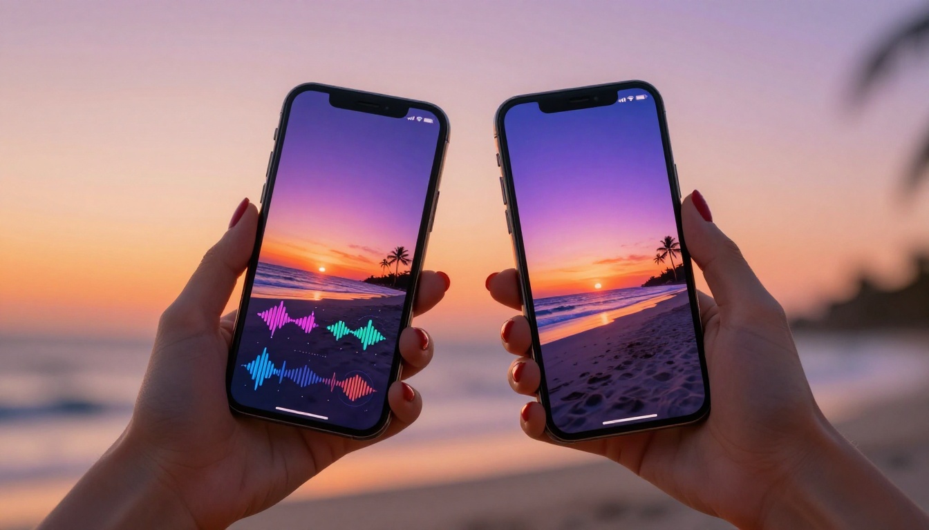 Two smartphones held at a golden sunset beach showing colorful AI interface screens