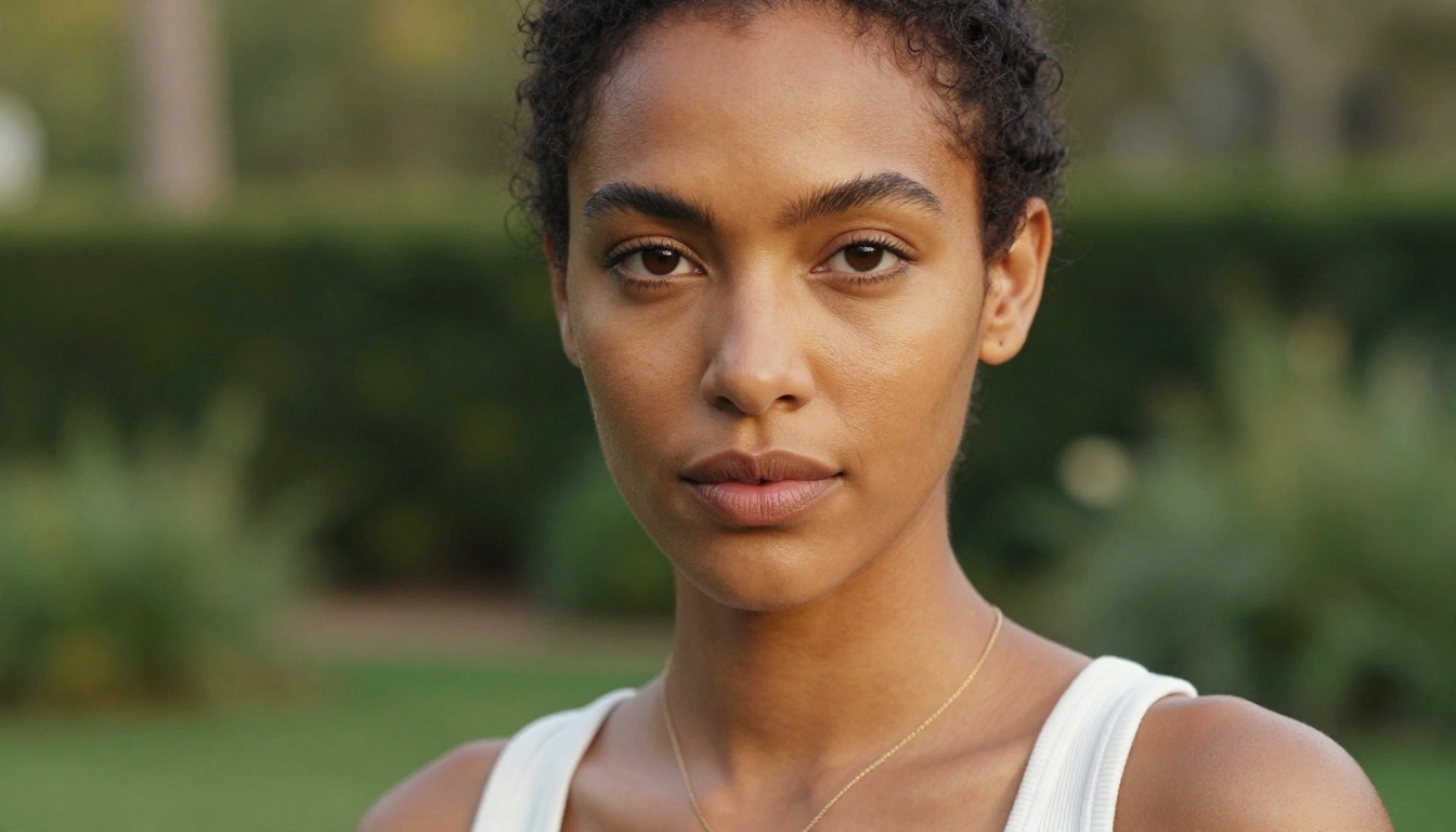 Mixed-ethnicity woman with golden complexion outdoors in soft dappled afternoon light with lush green bokeh background Mixed-ethnicity woman with golden complexion outdoors in soft dappled afternoon light with lush green bokeh background