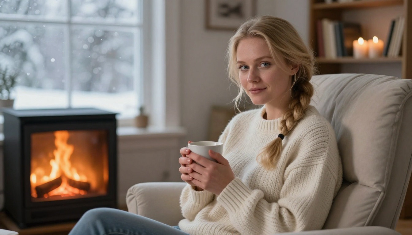 Serene blonde woman by glowing fireplace in cozy private home setting