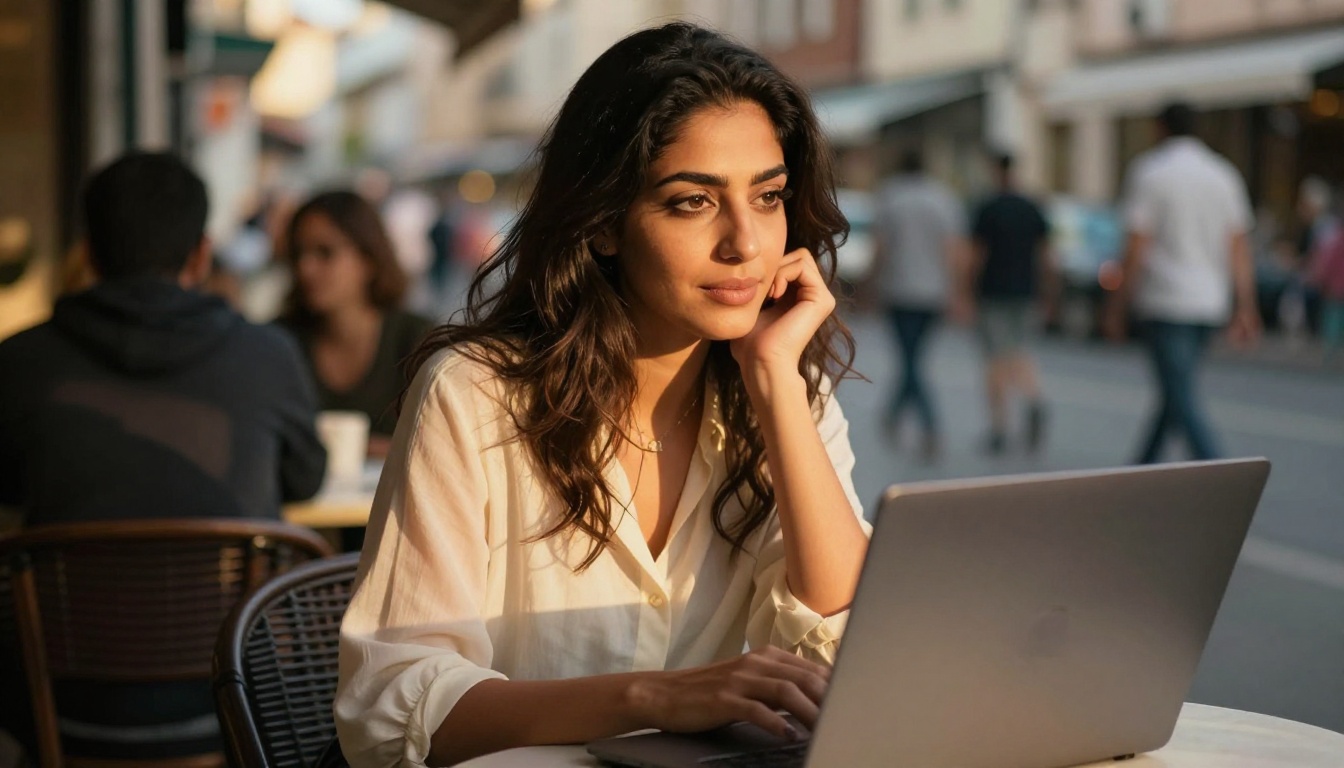 Woman at a sunlit Mediterranean cafe with laptop in warm golden afternoon light