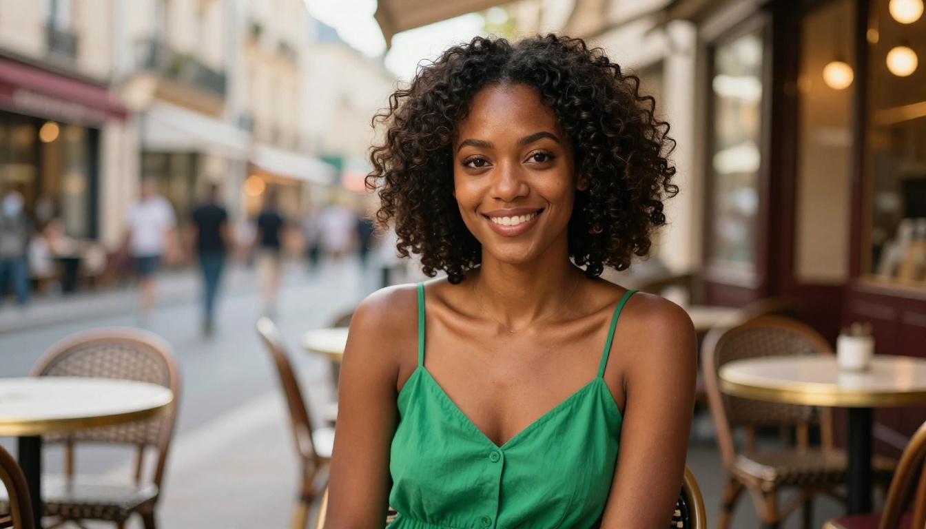 Beautiful African American woman at Paris café terrace golden hour
