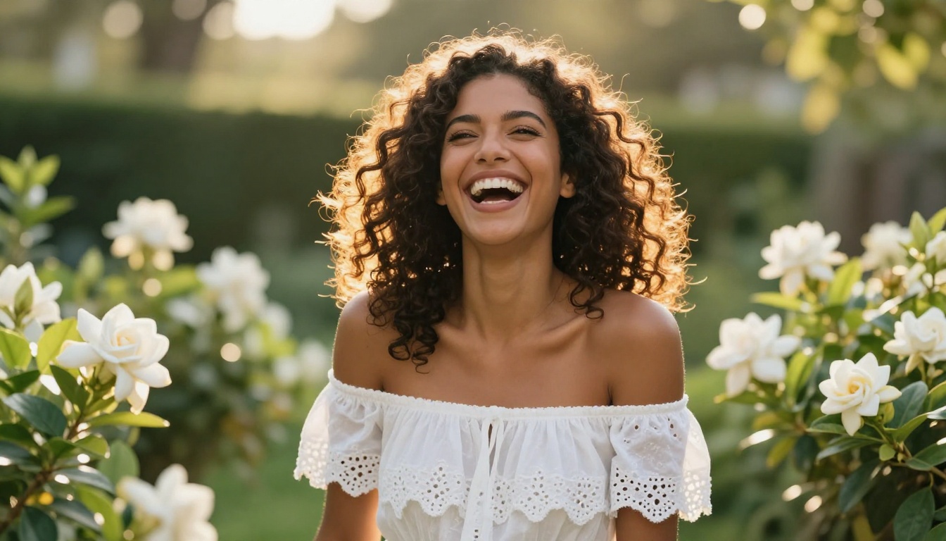 Radiant woman with natural curls laughing in a sun-dappled garden with white flowers