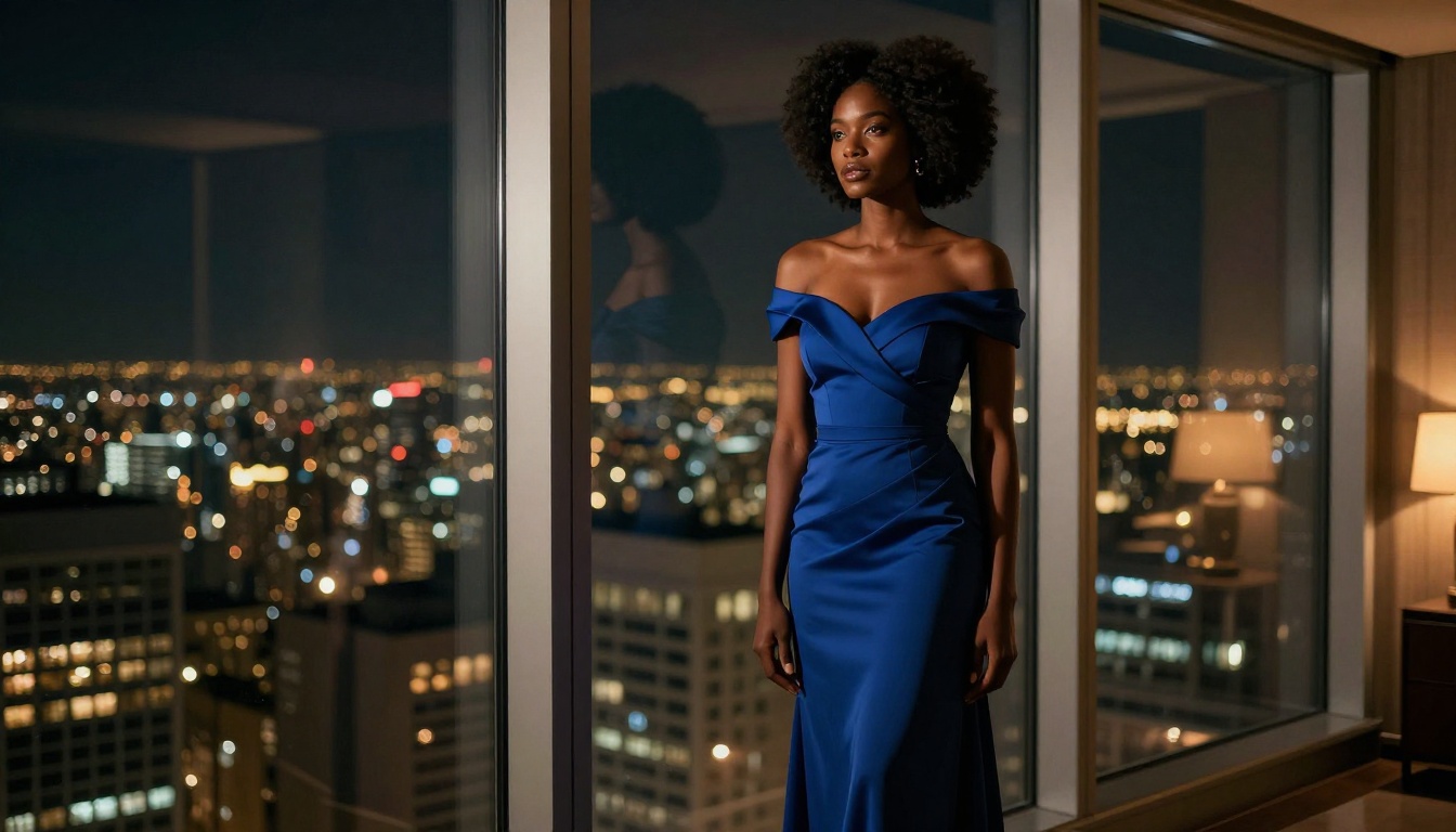 African woman in midnight blue evening dress at a penthouse window with city lights behind her