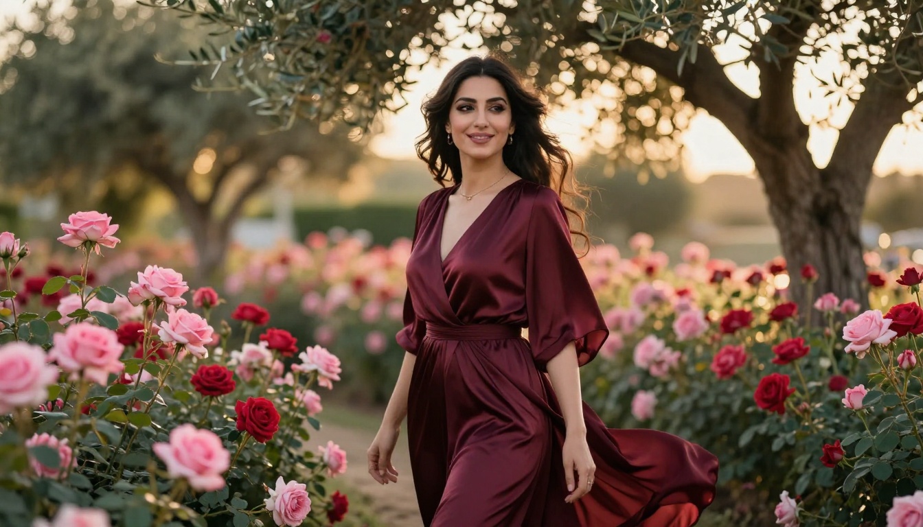 Middle Eastern woman in rose garden golden hour flowing dress
